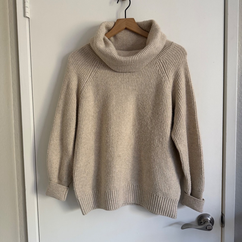 Joan Vass New York Beige Waffle Knit Cowl Turtleneck Sweater Medium Granolagirl